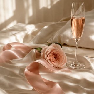 Sample moment: a rose and silk ribbon on cream satin